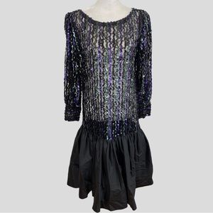 Vintage 60s Edith Flag Purple Green Black Sequin Mesh Drop Waist Dress